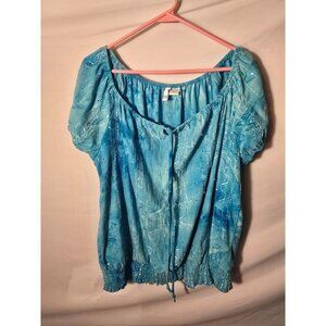 Sami Jo Boho Teal Romantic Blouse Top‎ Shirt Bling Womens Size XL Short Sleeve